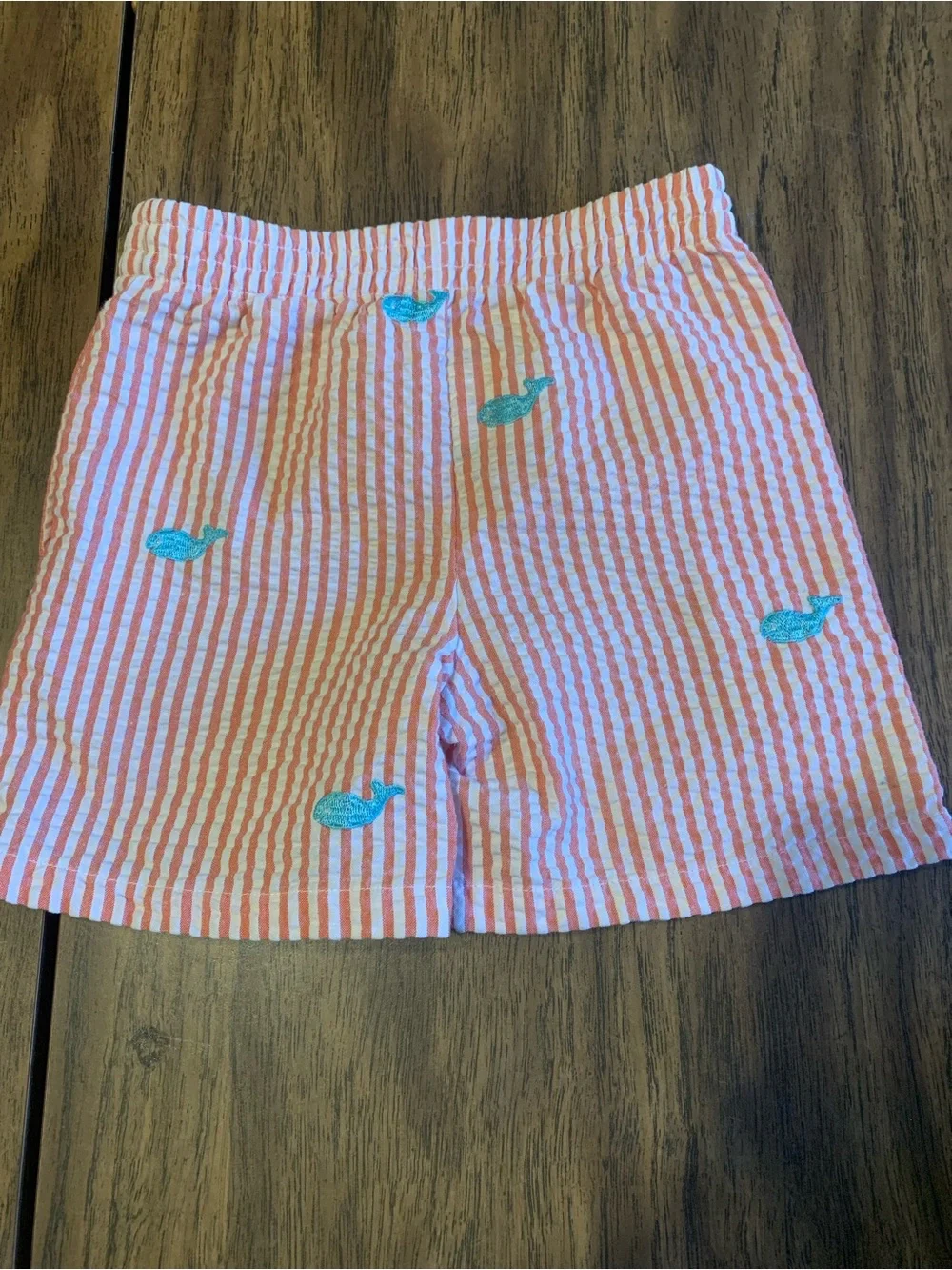 Kelly's Kids Coral and White Striped Shorts with Teal Whale Embroidery
